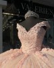 V Neck Rose Gold Quinceanera Dress Beading Sequin 15 Dresses 3D Floral Appliques Ball Gown With Bow