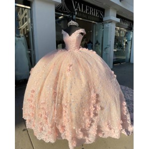 V Neck Rose Gold Quinceanera Dress Beading Sequin 15 Dresses 3D Floral Appliques Ball Gown With Bow