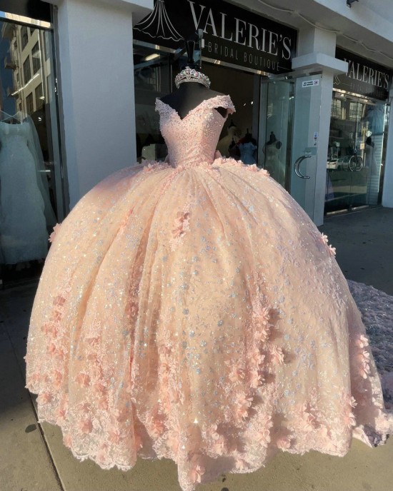 V Neck Rose Gold Quinceanera Dress Beading Sequin 15 Dresses 3D Floral Appliques Ball Gown With Bow