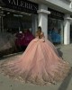 V Neck Rose Gold Quinceanera Dresses Off Shoulder Ball Gown Metallic Sequin 15 Dress With Bow