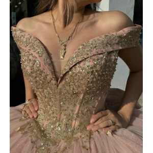 V Neck Rose Gold Quinceanera Dresses Off Shoulder Ball Gown Metallic Sequin 15 Dress With Bow