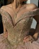 V Neck Rose Gold Quinceanera Dresses Off Shoulder Ball Gown Metallic Sequin 15 Dress With Bow