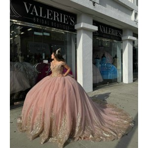 V Neck Rose Gold Quinceanera Dresses Off Shoulder Ball Gown Metallic Sequin 15 Dress With Bow