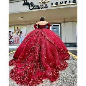 Detachable Red Quinceanera Dresses Metallic Sequin Sweetheart Neck 15 Dress