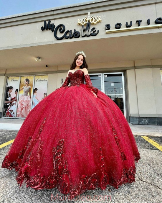 Detachable Red Quinceanera Dresses Metallic Sequin Sweetheart Neck 15 Dress