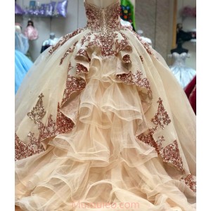 Detachable Rose Gold Quinceanera Dress Sweetheart Neck Metallic Sequin 15 Dress