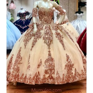 Detachable Rose Gold Quinceanera Dress Sweetheart Neck Metallic Sequin 15 Dress