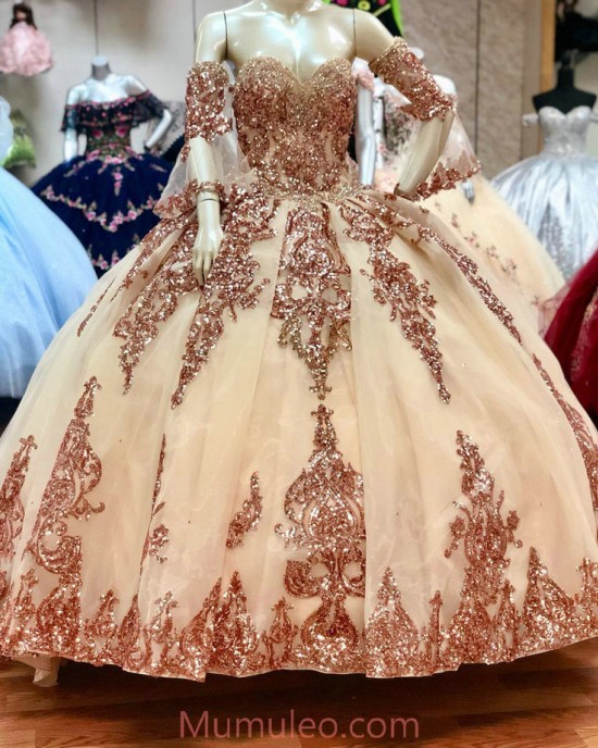 Detachable Rose Gold Quinceanera Dress Sweetheart Neck Metallic Sequin 15 Dress