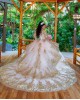 Long Sleeve Champagne Quinceanera Dress Lace Appliques Scoop Neck 15 Dresses