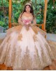 Long Sleeve Champagne Quinceanera Dress Lace Appliques Scoop Neck 15 Dresses