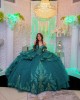 Long Sleeve Green Quinceanera Dress Lace Appliques Sweetheart Neck 15 Dresses