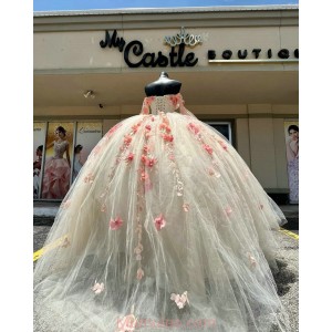 Long Sleeve Nudu Quinceanera Dresses Sweetheart Neck 15 Dress With 3D Flowers