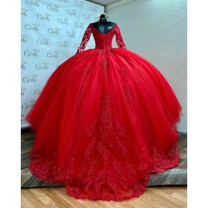 Long Sleeve Red Quinceanera Dresses Crystal Sequin V Neck 15 Dress With Lace Appliques