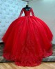 Long Sleeve Red Quinceanera Dresses Crystal Sequin V Neck 15 Dress With Lace Appliques