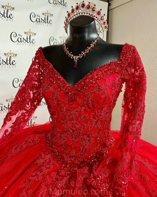 Long Sleeve Red Quinceanera Dresses Crystal Sequin V Neck 15 Dress With Lace Appliques