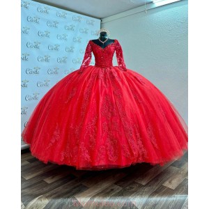 Long Sleeve Red Quinceanera Dresses Crystal Sequin V Neck 15 Dress With Lace Appliques