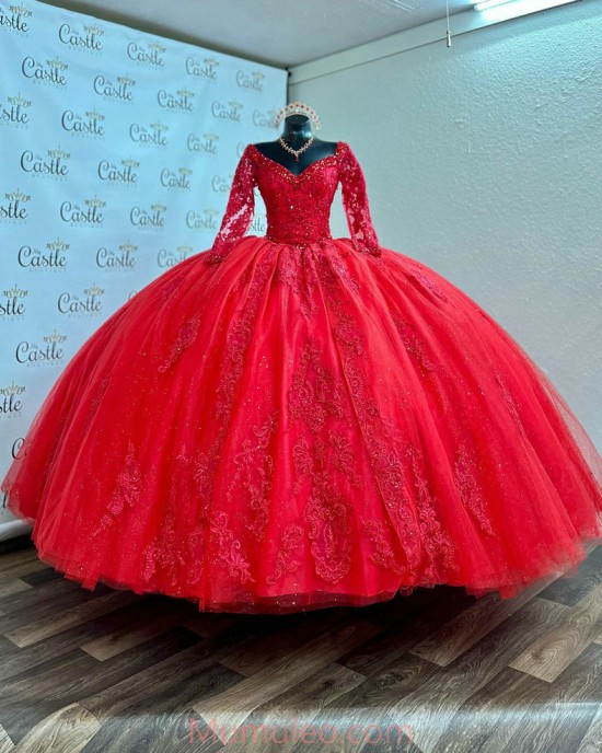 Long Sleeve Red Quinceanera Dresses Crystal Sequin V Neck 15 Dress With Lace Appliques