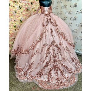 Long Sleeve Rose Gold Quinceanera Dresses Metallic Sequin Sweetheart Neck 15 Dress