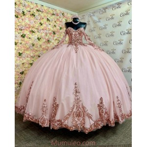 Long Sleeve Rose Gold Quinceanera Dresses Metallic Sequin Sweetheart Neck 15 Dress