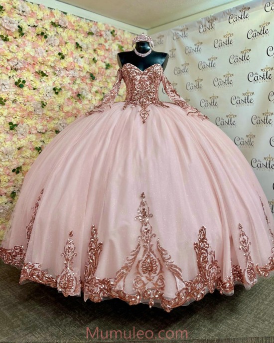 Long Sleeve Rose Gold Quinceanera Dresses Metallic Sequin Sweetheart Neck 15 Dress