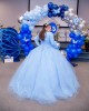 Long Sleeve Sky Blue Quinceanera Dress Lace Appliques High Neck 15 Dresses