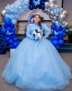 Long Sleeve Sky Blue Quinceanera Dress Lace Appliques High Neck 15 Dresses