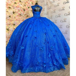 Off Shoulder Blue Quinceanera Dresses Crystal Sequin Sweetheart Neck 15 Dress With 3D Flowers