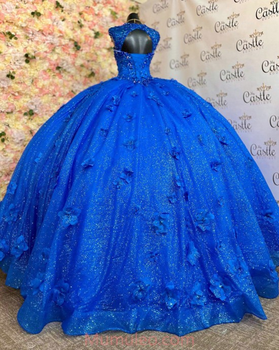 Off Shoulder Blue Quinceanera Dresses Crystal Sequin Sweetheart Neck 15 Dress With 3D Flowers