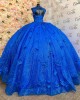 Off Shoulder Blue Quinceanera Dresses Crystal Sequin Sweetheart Neck 15 Dress With 3D Flowers