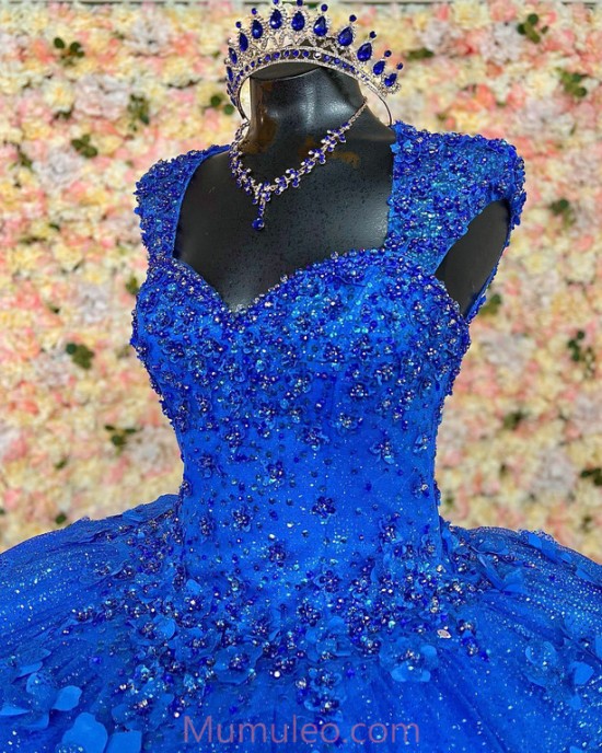 Off Shoulder Blue Quinceanera Dresses Crystal Sequin Sweetheart Neck 15 Dress With 3D Flowers