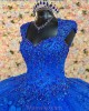 Off Shoulder Blue Quinceanera Dresses Crystal Sequin Sweetheart Neck 15 Dress With 3D Flowers