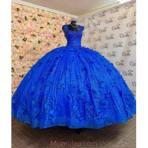 Off Shoulder Blue Quinceanera Dresses Crystal Sequin Sweetheart Neck 15 Dress With 3D Flowers