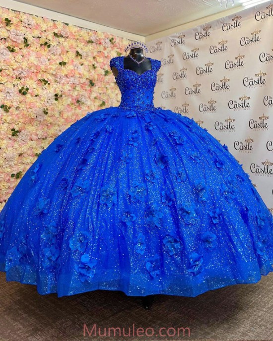 Off Shoulder Blue Quinceanera Dresses Crystal Sequin Sweetheart Neck 15 Dress With 3D Flowers