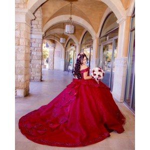 Off Shoulder Burgundy Quinceanera Dress Metallic Sequin Sweetheart Neck 15 Dresses