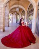 Off Shoulder Burgundy Quinceanera Dress Metallic Sequin Sweetheart Neck 15 Dresses