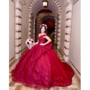 Off Shoulder Burgundy Quinceanera Dress Metallic Sequin Sweetheart Neck 15 Dresses