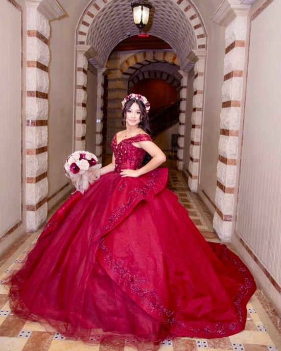 Off Shoulder Burgundy Quinceanera Dress Metallic Sequin Sweetheart Neck 15 Dresses