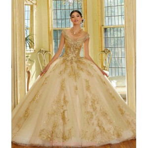 Off Shoulder Gold Quinceanera Dresses Metallic Sequin V Neck 15 Dress