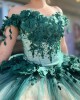 Off Shoulder Green On White Quinceanera Dresses Sweetheart Neck 15 Dress With 3D Flowers