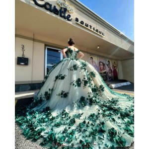 Off Shoulder Green On White Quinceanera Dresses Sweetheart Neck 15 Dress With 3D Flowers