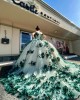 Off Shoulder Green On White Quinceanera Dresses Sweetheart Neck 15 Dress With 3D Flowers