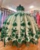 Off Shoulder Green On White Quinceanera Dresses Sweetheart Neck 15 Dress With 3D Flowers