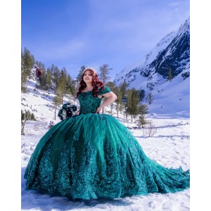 Off Shoulder Green Quinceanera Dress Metallic Sequin Scoop Neck 15 Dresses With Bow