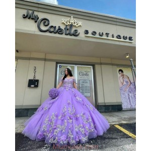 Off Shoulder Lilac Quinceanera Dress Sweetheart Neck Lace Appliques 15 Dresses With 3D Flowers