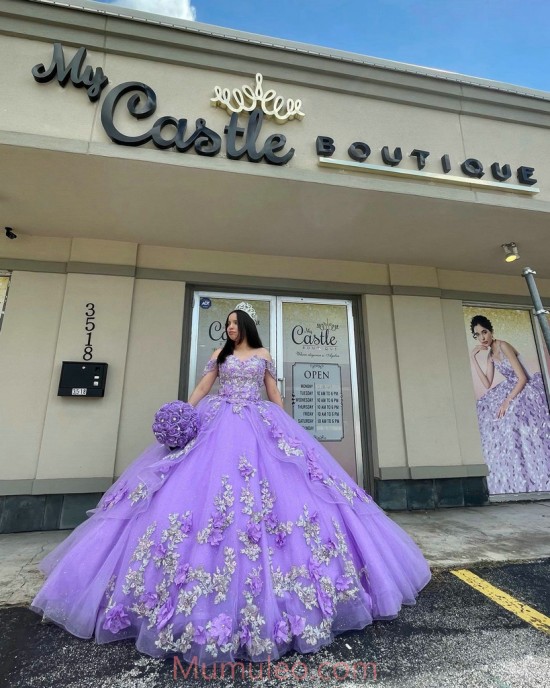 Off Shoulder Lilac Quinceanera Dress Sweetheart Neck Lace Appliques 15 Dresses With 3D Flowers