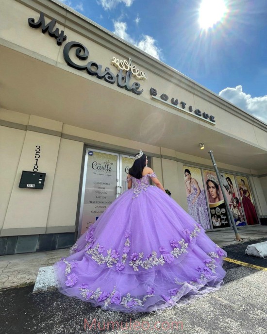 Off Shoulder Lilac Quinceanera Dress Sweetheart Neck Lace Appliques 15 Dresses With 3D Flowers