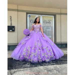 Off Shoulder Lilac Quinceanera Dress Sweetheart Neck Lace Appliques 15 Dresses With 3D Flowers