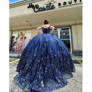 Off Shoulder Navy Blue Quinceanera Dresses Sweetheart Neck 15 Dress With 3D Flowers