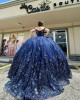 Off Shoulder Navy Blue Quinceanera Dresses Sweetheart Neck 15 Dress With 3D Flowers