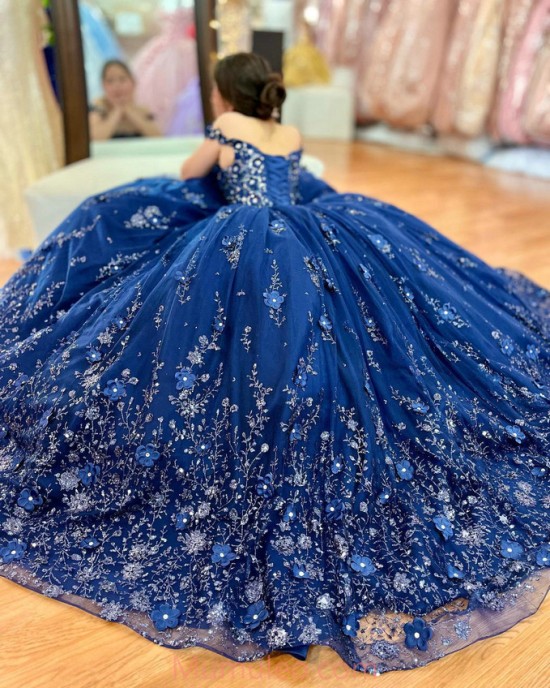 Off Shoulder Navy Blue Quinceanera Dresses Sweetheart Neck 15 Dress With 3D Flowers